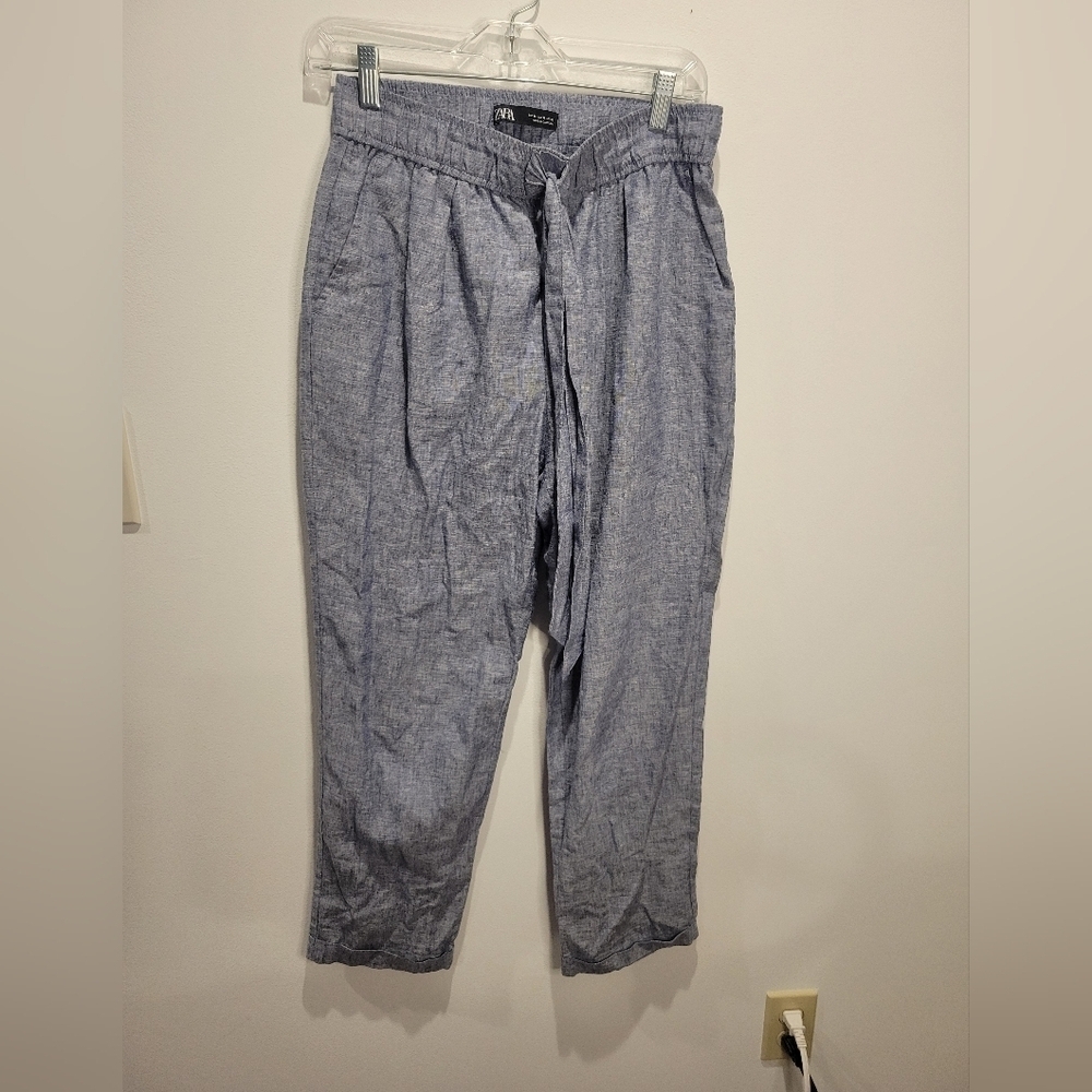 Zara size m linen/cotton blend blue elastic waist pullon pants